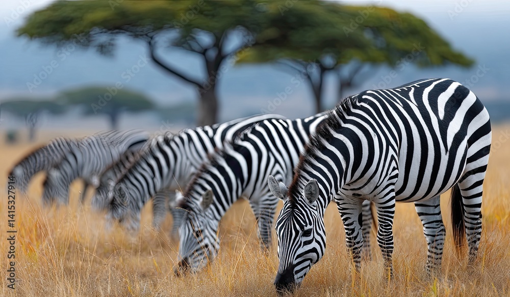 Fototapeta premium A herd of zebras grazing in the savannah, their black and white stripes standing out against the golden grasses