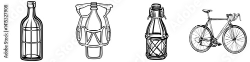 Vector illustration of cycling accessories and bottles for outdoor enthusiasts in a minimalist style