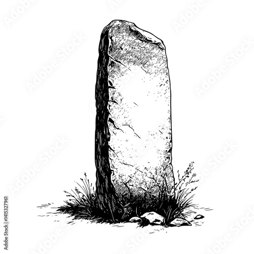 Vector illustration of a standing stone monument surrounded by grass and rocks in a natural landscape setting