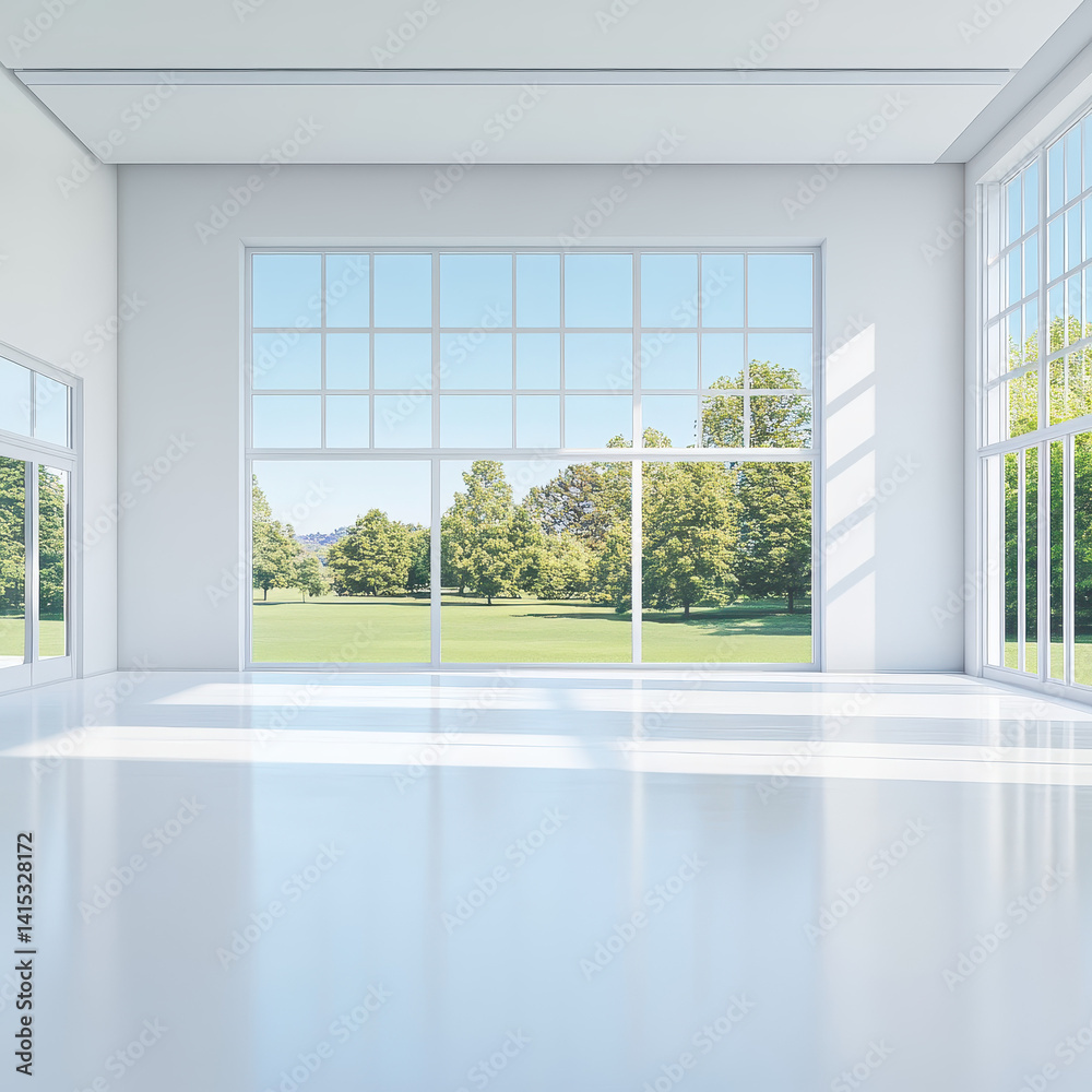 Fototapeta premium Bright and Spacious Modern Interior with Large Windows and Nature View
