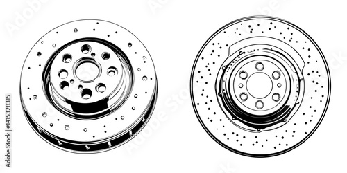 Vector illustration of two disc brake designs showcasing intricate details and functionalities in automotive engineering and design