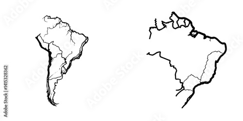 Vector illustration of South America map and Brazil map with details and lines indicating borders and rivers