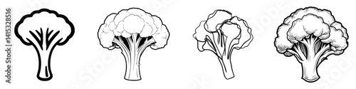 Vector illustration icons depicting different styles of broccoli for culinary and dietary themes