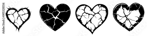 Variety of cracked heart vector illustrations representing emotional distress and heartbreak in different styles and shapes