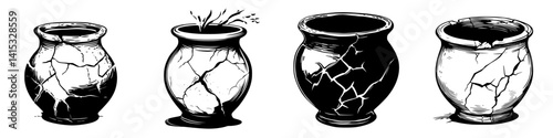 Cracked pottery vector illustration showing different stages of damage and deterioration in ceramic vessels