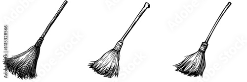 Vector illustration of three different broom designs showcasing cleaning tools with varied handle styles