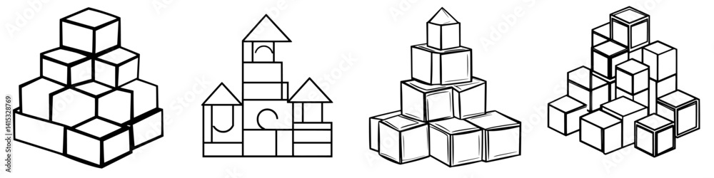 Vector illustration of various block tower formations showcasing creative building and design techniques