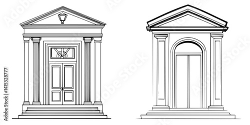 Elegant architectural vector illustration featuring classic building entrances with columns and pediments