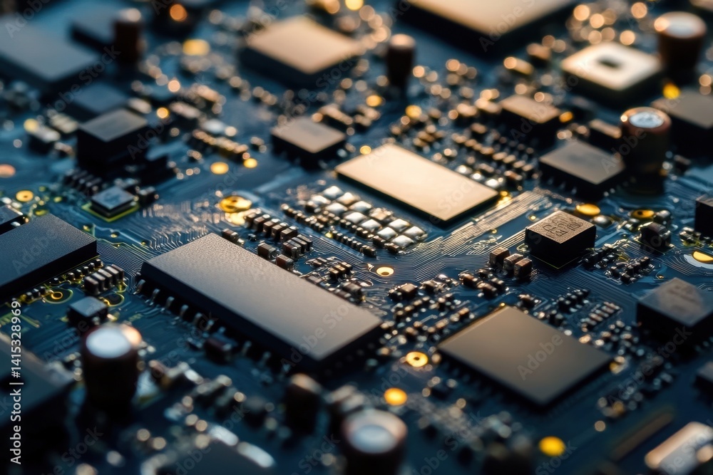 Close-up view of a complex circuit board highlighting electronic components and connections Close-up view of a complex circuit board highlighting electronic components and connections