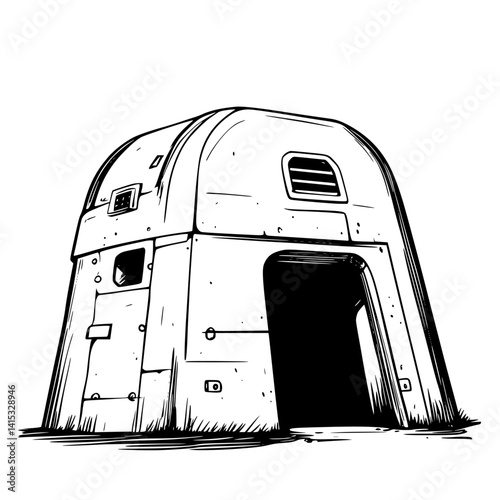 Vector illustration depicting a sturdy bunker structure with a rounded roof located in an outdoor setting, surrounded by grass and earth