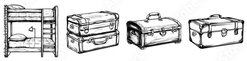 Illustration of bunk beds and various types of suitcases for travel and storage needs