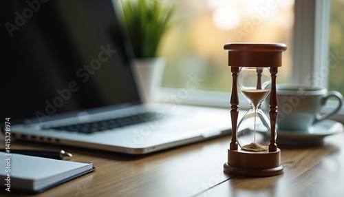 Hourglass nearly empty beside a closed laptop and unfinished coffee emphasizes procrastination and moments lost on a quiet desk