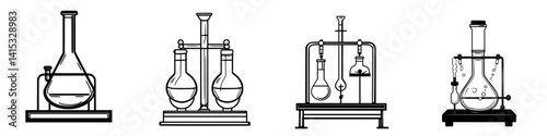 Vector illustration showcasing laboratory glassware with flasks and beakers in various arrangements for scientific research