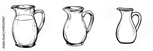 Variety of glass and ceramic jugs illustrated with detailed line art showcasing different designs and sizes
