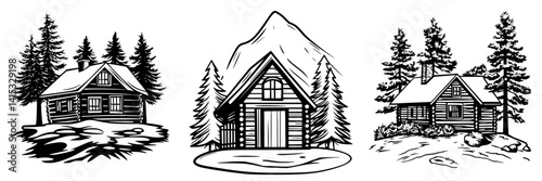 Vector illustration of three mountain cabins surrounded by tall evergreen trees with a backdrop of a majestic mountain peak