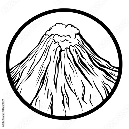 Vector illustration of a volcanic mountain with erupting ash cloud in a circular outline