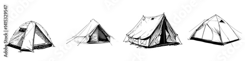 Vector illustration of various camping tents set in an outdoor environment during daytime