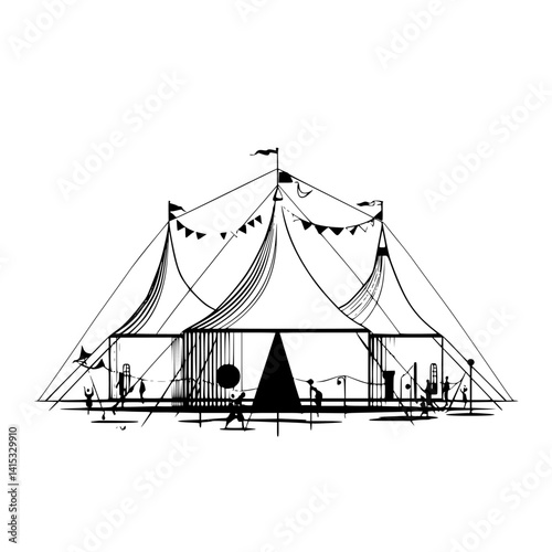 Vector illustration of a circus tent with performers and decorations in a lively outdoor setting during daytime