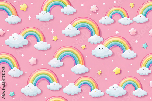 Solid pastel pink with floating cartoon rainbows and puffy clouds