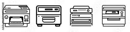 Illustration of various printer icons representing different models and types in a clear vector style