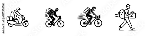 Delivery professionals engage in various activities using different modes of transportation to fulfill orders efficiently during the day