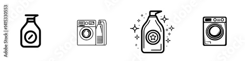 Vector illustration icons depicting laundry detergent, washing machine, and cleaning products for household use