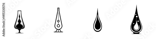 Vector illustration icons of liquid droppets, showcasing various shapes and designs suitable for graphic projects and modern aesthetics