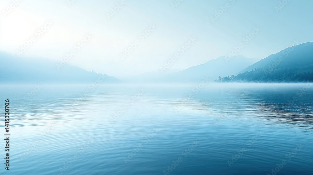Misty lake scene with distant mountains. Misty lake scene with distant mountains.
