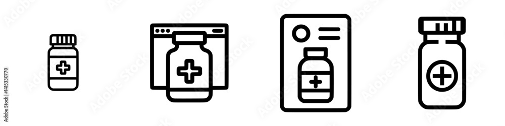 Vector illustration icon showing various designs of medicine bottles and related health symbols for medical graphics and applications Vector illustration icon showing various designs of medicine bottles and related health symbols for medical graphics and applications