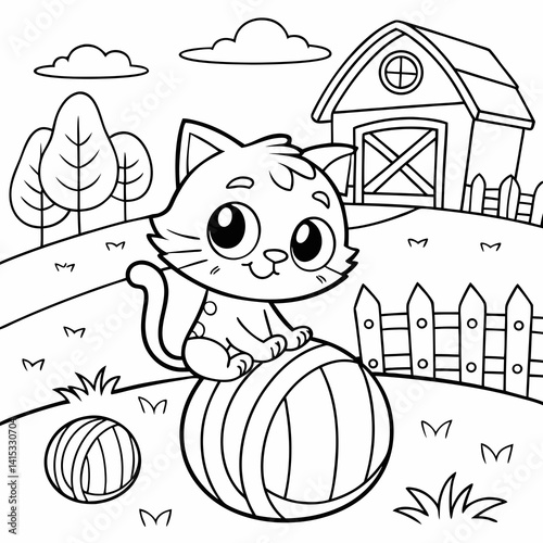 Cozy farm scene coloring page with a cute cat character sitting comfortably on top of a round hay bale