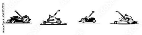 Vector illustration of different lawn mowers showing various designs and styles for outdoor gardening tasks