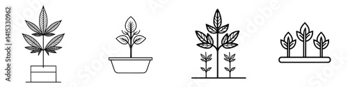 Vector illustration icons representing various cannabis plant designs in different pot styles showcasing growth stages