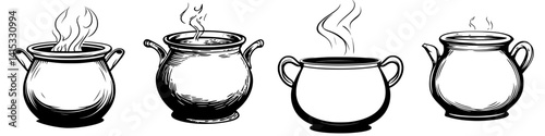 Different styles of cooking pots simmering with steam in a minimalist vector illustration for culinary themes