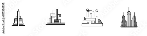 Vector illustration icons of various building structures showcasing modern architectural design styles and urban aesthetics