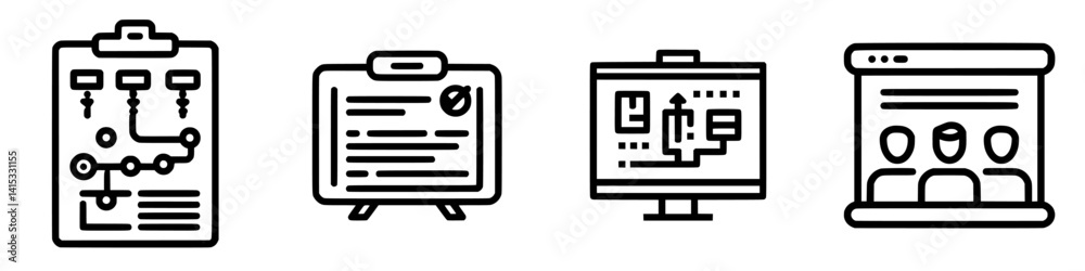 Vector illustration icons representing project management, presentation boards, data analysis, and collaboration tools in a professional setting Vector illustration icons representing project management, presentation boards, data analysis, and collaboration tools in a professional setting