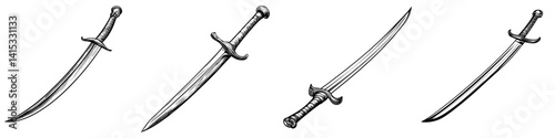Vector illustration showcasing a collection of swords with distinct designs and styles, emphasizing craftsmanship and historical significance
