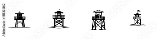 Coastal lookout towers illustrated in vector style with varying designs and flags on a sunny day by the shore