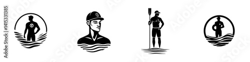 Diverse water sports icons featuring silhouettes of surfers, swimmers, and paddleboarders in a stylized vector design