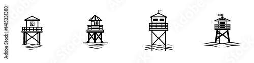 Various vector illustrations of lifeguard towers along the beach shore during a sunny day by the ocean