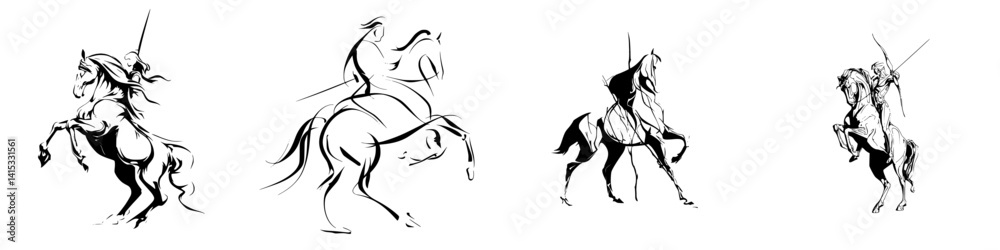Dynamic vector illustrations of horse riders displaying various stances and poses during equestrian activities Dynamic vector illustrations of horse riders displaying various stances and poses during equestrian activities