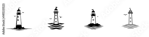 Vector illustration of multiple lighthouse designs displaying maritime symbols of guidance and safety against a nautical backdrop