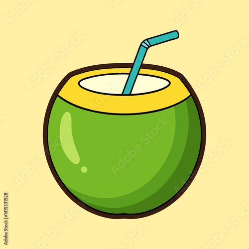 Refreshing Green Coconut Drink with Straw, Summer Objects  Perfect for Summer Getaways