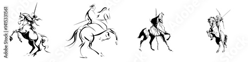Dynamic vector illustrations of horse riders displaying various stances and poses during equestrian activities