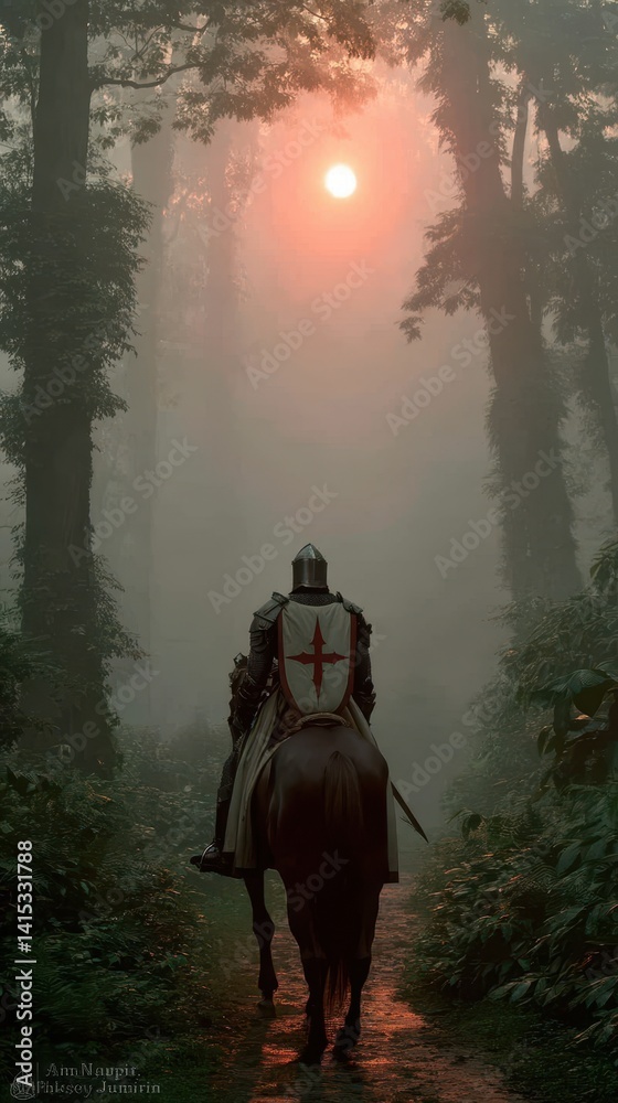 Naklejka premium Medieval Knight on Horseback at Dawn in Forest 