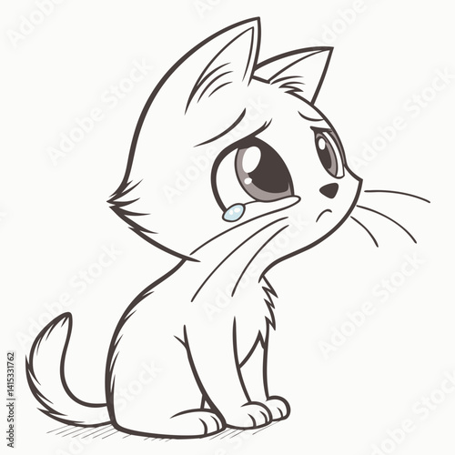 Crying Cat: A simple, yet emotionally charged illustration of a white kitten expressing sadness through tears, capturing a moment of vulnerability and heartache.