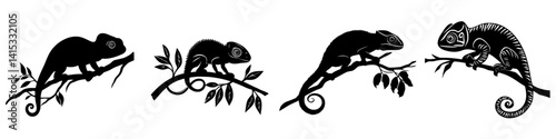 Vector illustration of chameleons on branches showcasing various postures and expressions