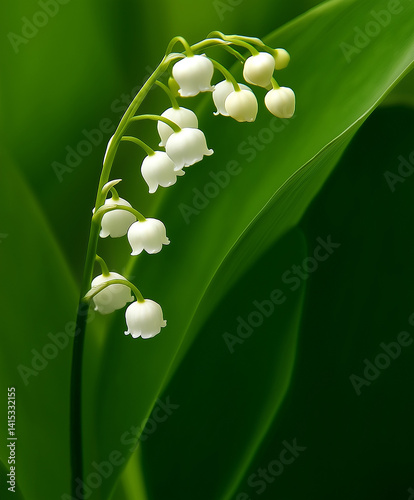 close-up of a Lily of the Valley plant, showcasing its delicate and elegant white bell-shaped flowers against a lush green background.