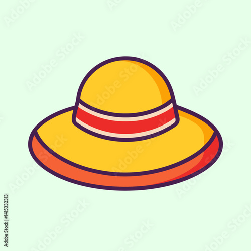 Stylized drawing of a yellow sun Summer Objects hat with red accents and trim