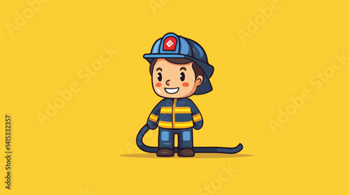 Adorable Tiny Fireman with Water Hose Isolated on White Background