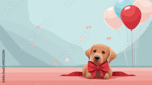 Adorable Labrador Dog with Bow Tie and Balloon Lying Near